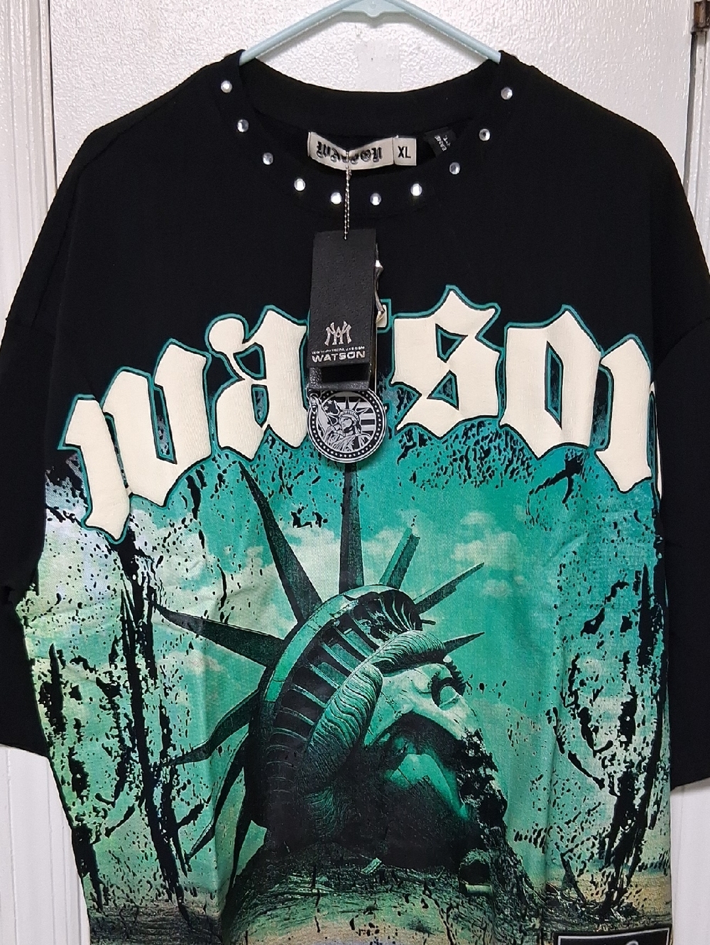 Watson Men’s Half-Length Sleeve Graphic Liberty  Tee in Black & Teal